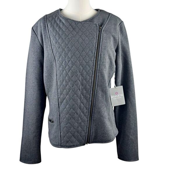 Athleta Belvedere Motogrhe Asymmetrical Grey Moto Quilted Knit Jacket NWT - Picture 4 of 12